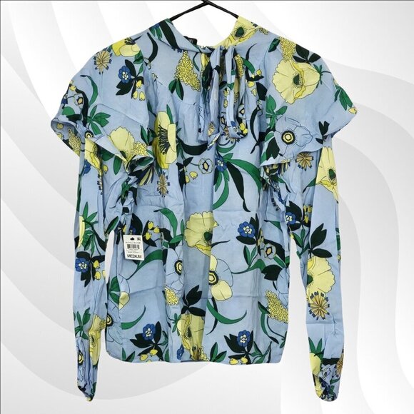 2/$30 INC Floral Ruffle Overlay Tie Neck Blouse Long Sleeve Size M - Picture 4 of 8